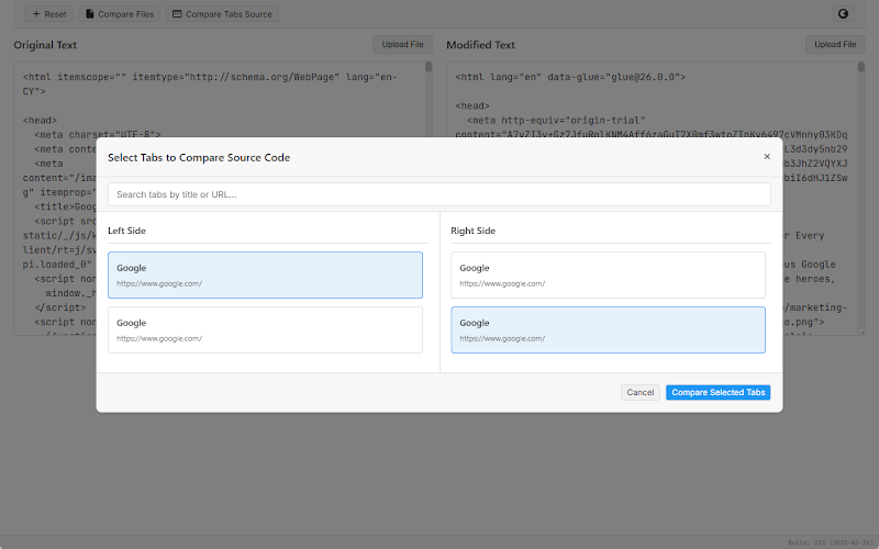 Compare source code of two open browser tabs