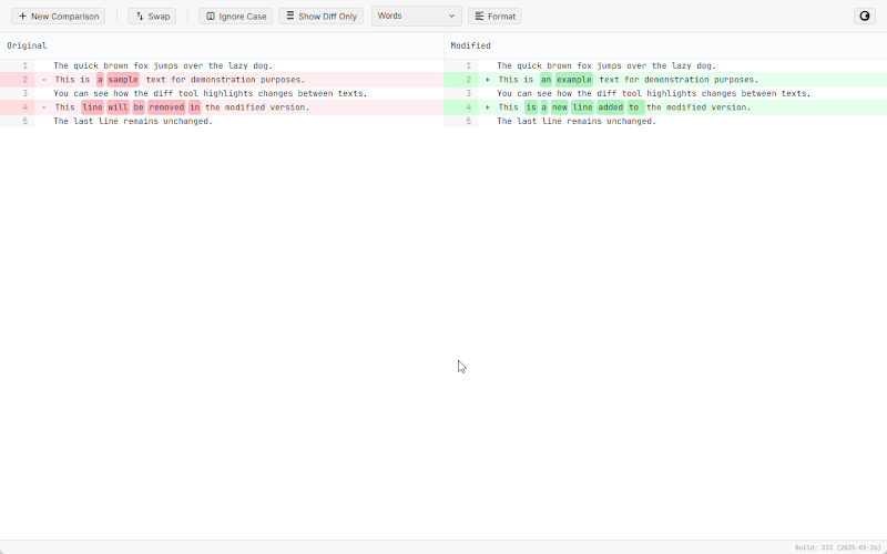 Side-by-side text comparison with color-coded additions and deletions